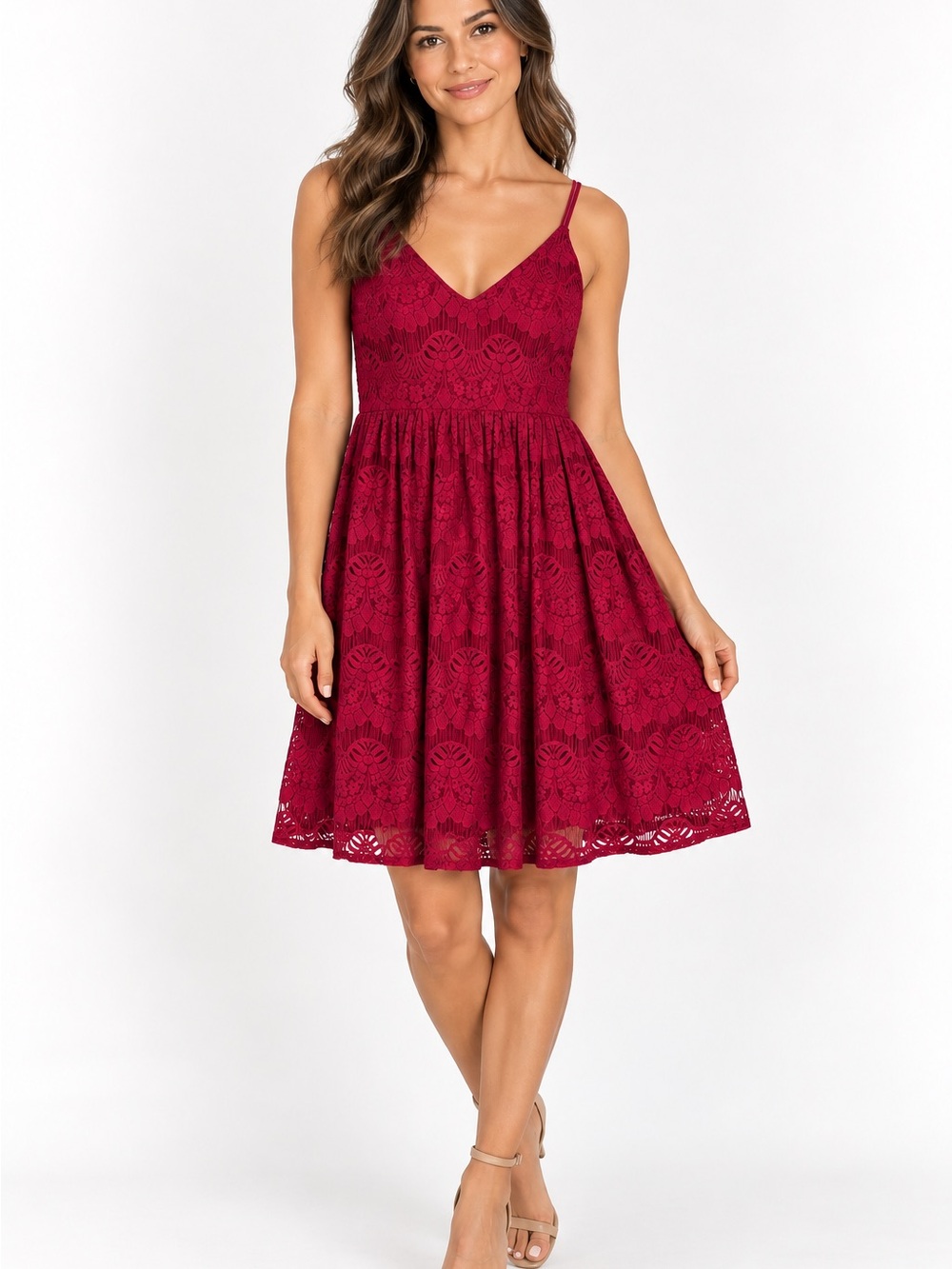 Ya Los Angeles Burgundy Spaghetti strap lace dress, Size‎ L